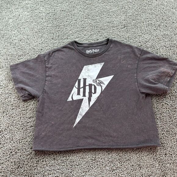 Harry Potter Shirt Mens Medium Brown Gray Cropped Golden Snitch Acid Wash - Picture 2 of 9